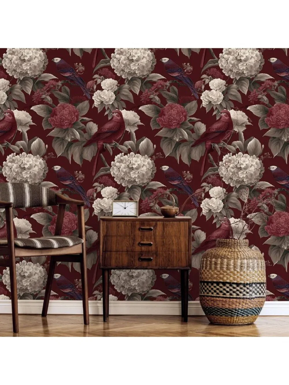Deep Burgundy Floral Peel and Stick Wallpaper - Vintage Hydrangeas & Birds